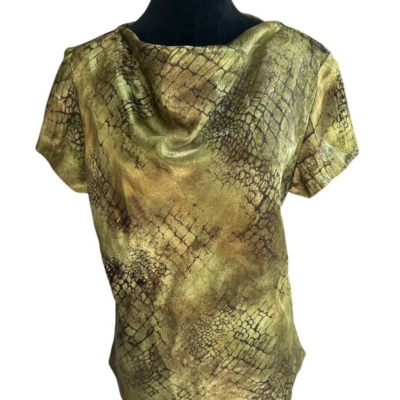 Donna Ricco Size 14 Olive & Brown Snakeskin Satin Cap Sleeve Blouse Drape Neck - Picture 1 of 5